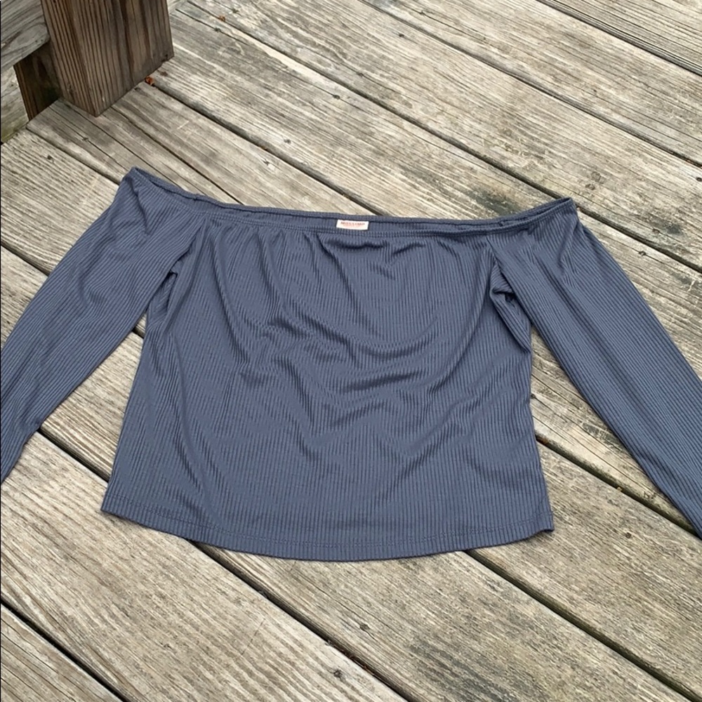 blue ribbed off the shoulder shirt